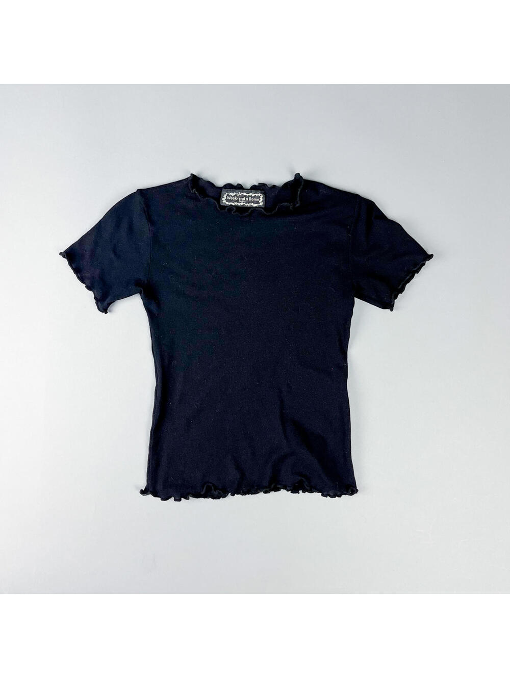Y2K Black Short Sleeve Ruffle Trim Tight Stretchy Crop Top